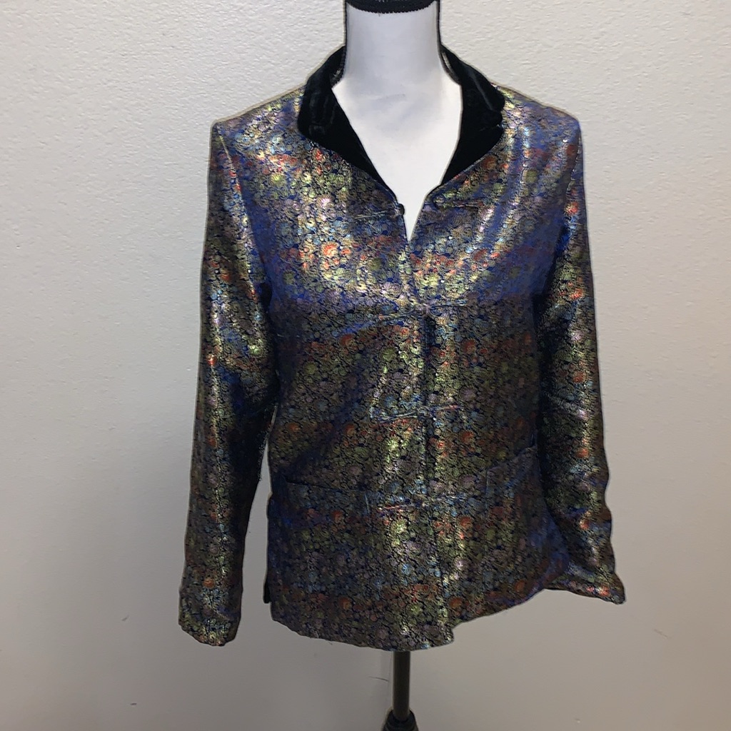 Reversible Black Velvet Metallic Colorful Flower Print Colored Blazer Jacket